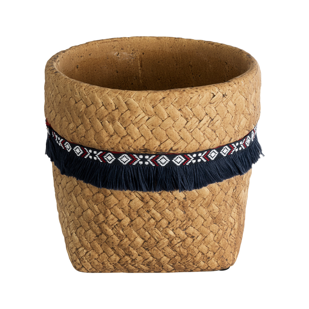 Artificial Garden Guatemala Διακοσμητικό Κεραμικό Κασπώ Γλάστρα - Flower Pot Καφέ Με Μπλε Υφασμάτινη Κορδέλα Και Λευκές - Κόκκινες Λεπτομέρειες Φ16.5 X Υ15.5Cm