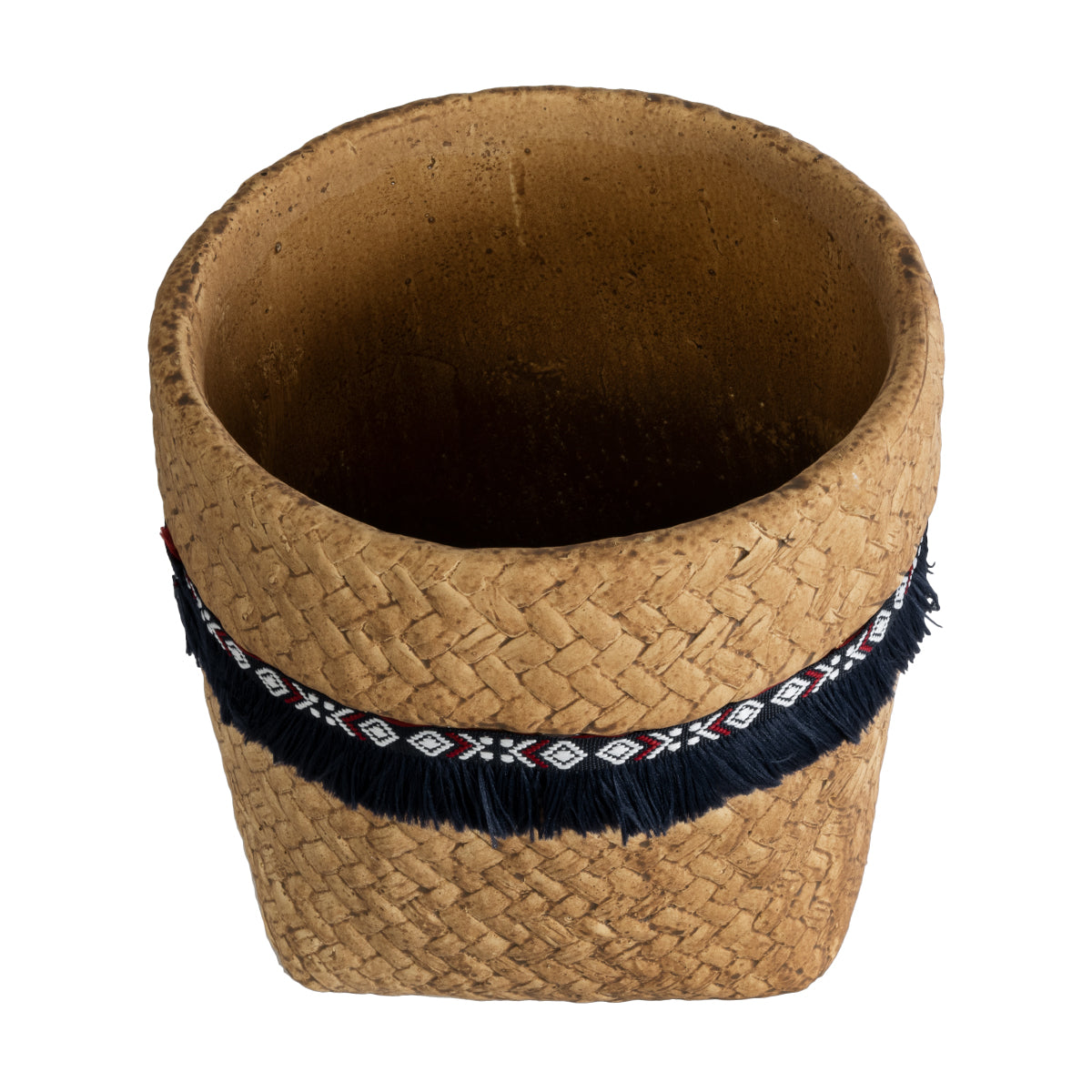 Artificial Garden Guatemala Διακοσμητικό Κεραμικό Κασπώ Γλάστρα - Flower Pot Καφέ Με Μπλε Υφασμάτινη Κορδέλα Και Λευκές - Κόκκινες Λεπτομέρειες Φ16.5 X Υ15.5Cm