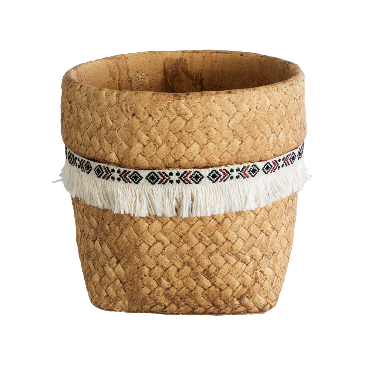 Artificial Garden Montana Διακοσμητικό Κεραμικό Κασπώ Γλάστρα - Flower Pot Καφέ Με Λευκή Υφασμάτινη Κορδέλα Και Μαύρες - Κόκκινες Λεπτομέρειες Φ16.5 X Υ15.5Cm