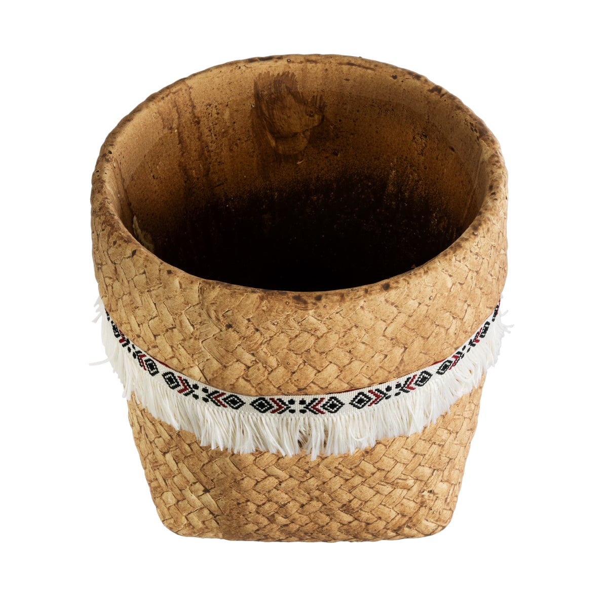 Artificial Garden Montana Διακοσμητικό Κεραμικό Κασπώ Γλάστρα - Flower Pot Καφέ Με Λευκή Υφασμάτινη Κορδέλα Και Μαύρες - Κόκκινες Λεπτομέρειες Φ16.5 X Υ15.5Cm