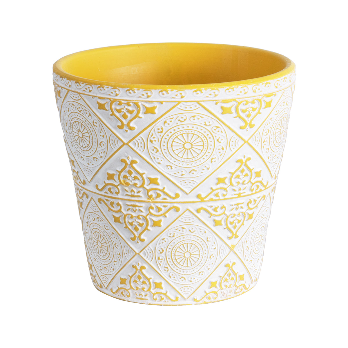 Artificial Garden Rabat Διακοσμητικό Κεραμικό Κασπώ Γλάστρα - Flower Pot Λευκό Με Κίτρινο Φ14 X Υ13Cm