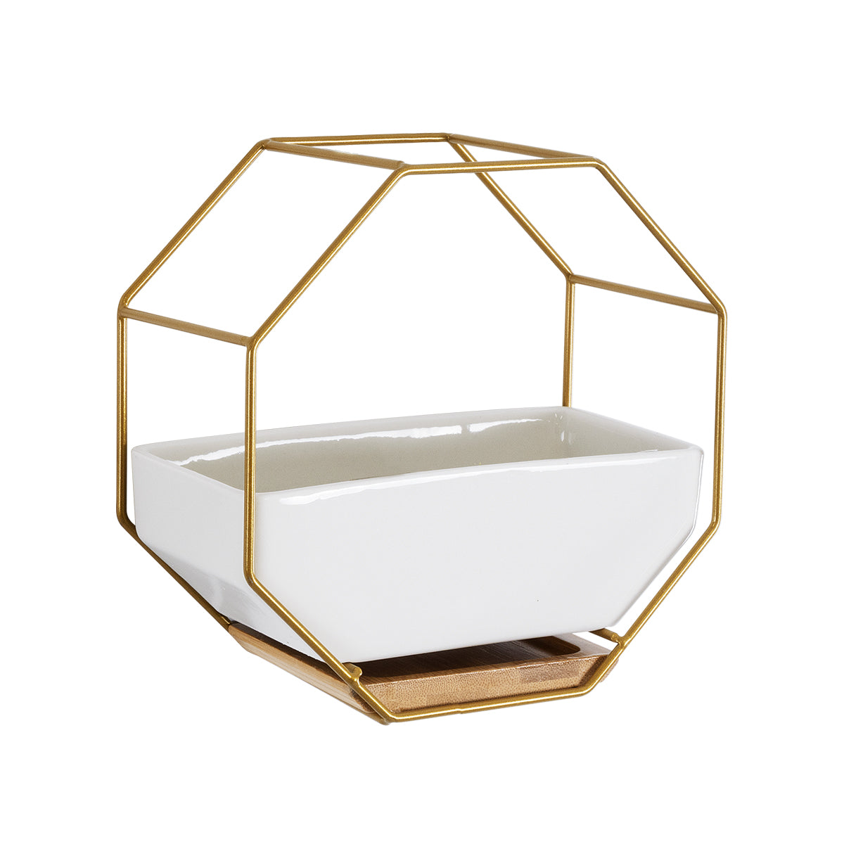 Artificial Garden Mandrite Διακοσμητικό Κεραμικό Κασπώ Γλάστρα - Flower Pot Λευκό Με Χρυσό Μεταλλικό Πλέγμα Και Καφέ Ξύλινη Βάση Μ18 X Π10 X Υ18Cm