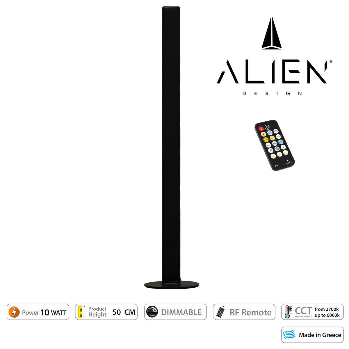Alien-Diva-Black-50-10 Alien Design Diva Μοντέρνο Minimal Nordic Μεταλλικό Φωτιστικό Επιτραπέζιο - Πορτατίφ - Λαμπατέρ Μαύρο 10W 1500Lm Με Ασύρματο Χειριστήριο Rf & Dimmer Cct Θερμό K Έως Ψυχρό 6000K Μ3 X Π1.6 X Υ50Cm
