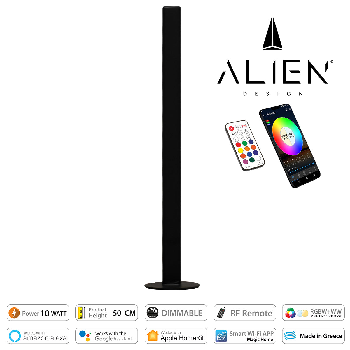 Alien-Diva-Black-50-12 Alien Design Diva Μοντέρνο Minimal Nordic Μεταλλικό Φωτιστικό Επιτραπέζιο - Πορτατίφ - Λαμπατέρ Μαύρο 10W 1500Lm Με Ασύρματο Χειριστήριο Rf & Dimmer Πολύχρωμο Rgbw + Ww Smart Home Wi-Fi Μ3 X Π1.6 X Υ50Cm