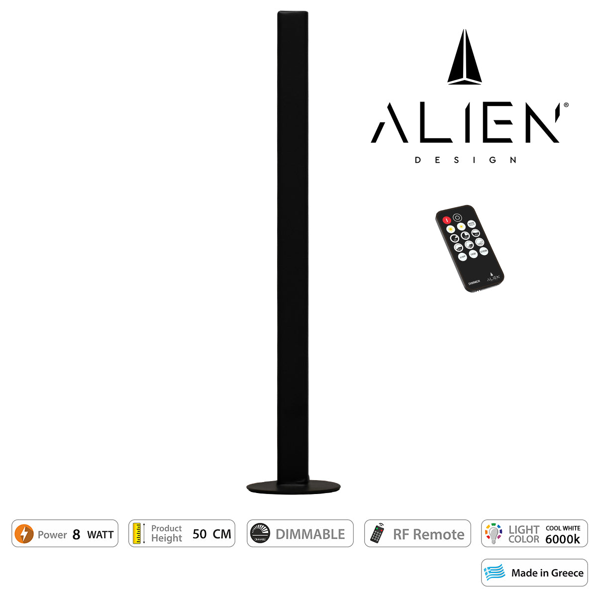 Alien-Diva-Black-50-1 Alien Design Diva Μοντέρνο Minimal Nordic Μεταλλικό Φωτιστικό Επιτραπέζιο - Πορτατίφ - Λαμπατέρ Μαύρο 8W 1120Lm Με Ασύρματο Χειριστήριο Rf & Dimmer Ψυχρό Λευκό 6000K Μ3 X Π1.6 X Υ50Cm