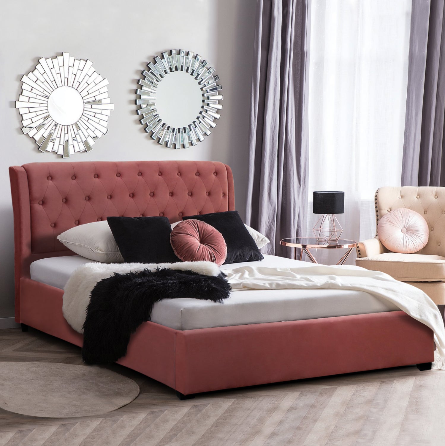 Κρεβατι Odalys 150X200 Βελουδο Υφασμα Σαπιο Μηλο 164X223X100 Εκ.