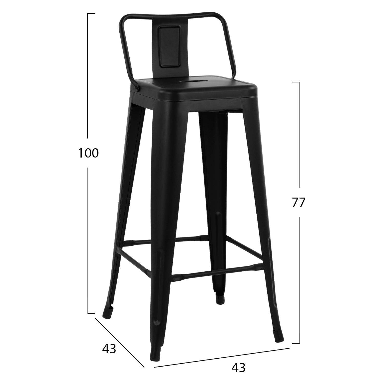 Σκαμπο Bar Me Πλατη Μεταλλικο Melita-Pro Μαυρο Ματ 42X42X100Υεκ.