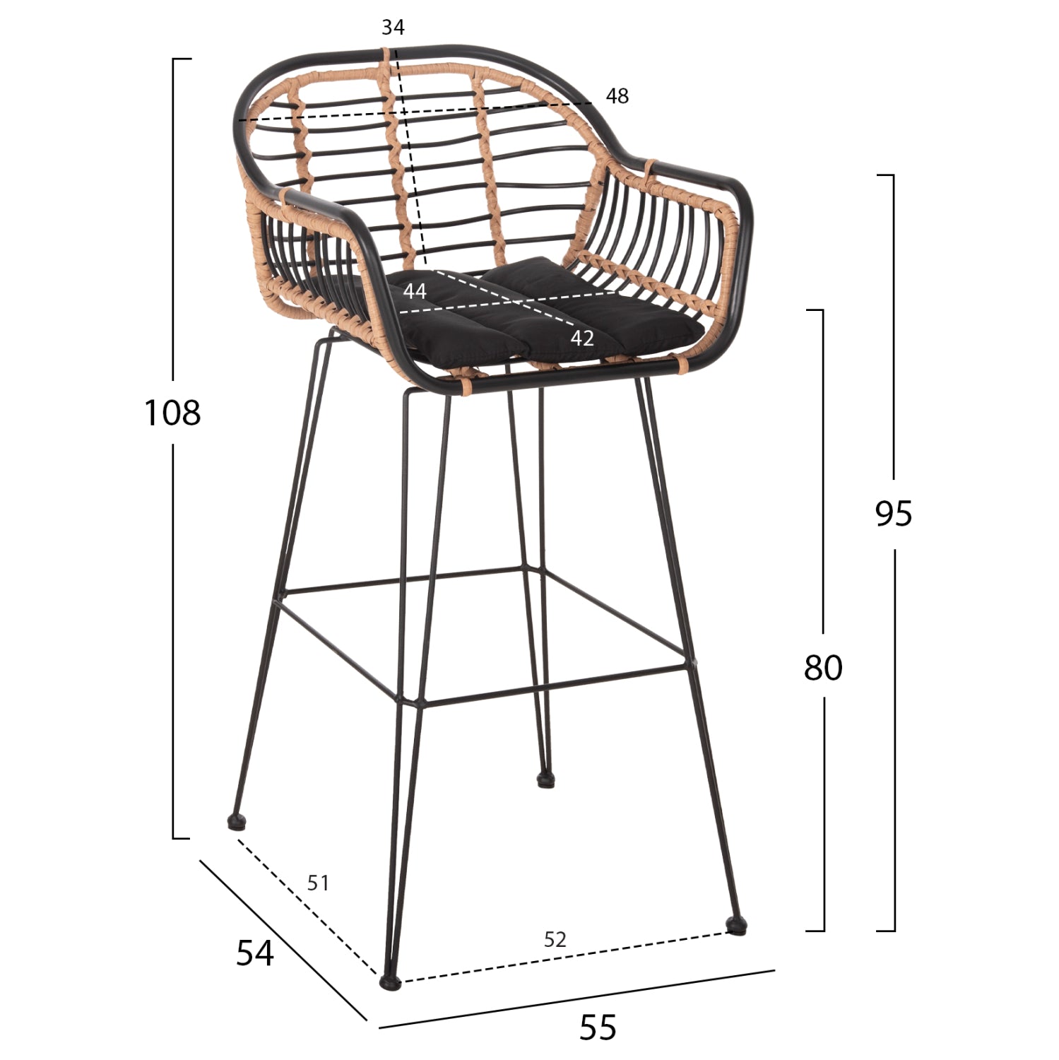 Σκαμπο Μπαρ Allegra Μεταλλο&Μαξιλαρι Μαυρο-Wicker Μπεζ 55X54X108Υεκ.