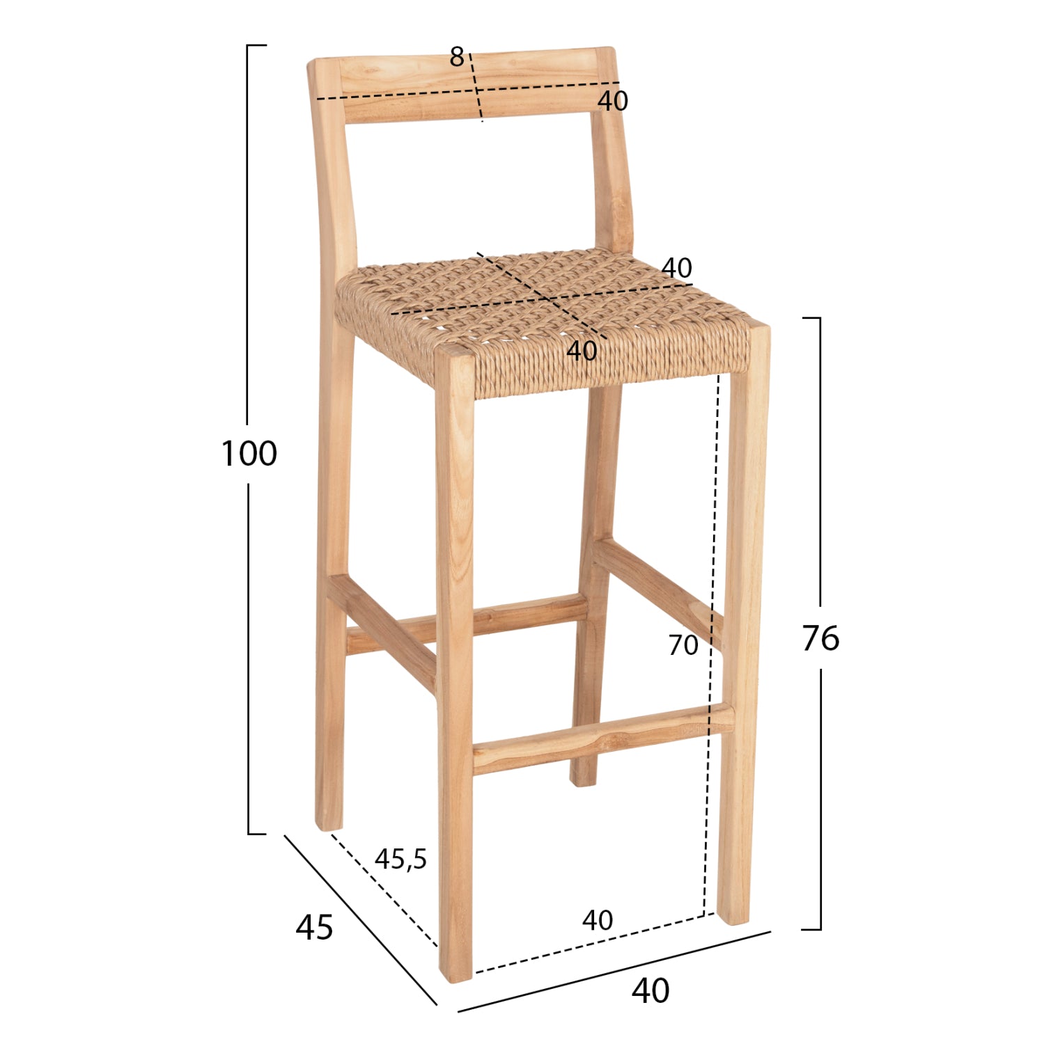 Σκαμπο Μπαρ Με Πλατη Plered Ξυλο Τεακ & Σχοινι Viro 40X45X100Εκ.