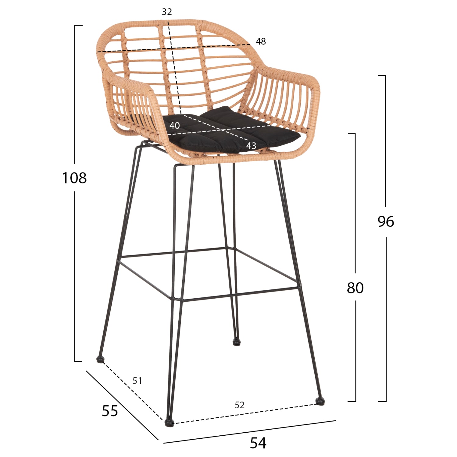 Σκαμπο Μπαρ Ψηλο Allegra Μπεζ P.E. Rattan-Μαυρο Μεταλλο 54X55X108Υεκ.